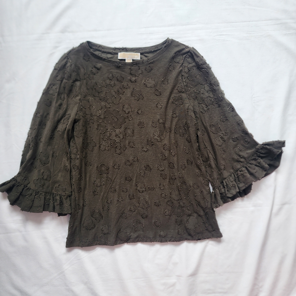 Michael Kors Floral Bell Sleeve Blouse Womens Size S Green Grunge Forest Fairy